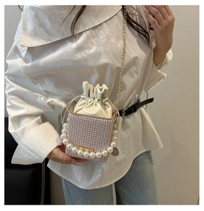 Detailed shot of mini bucket bag featuring pearl handle and brown letter patterns