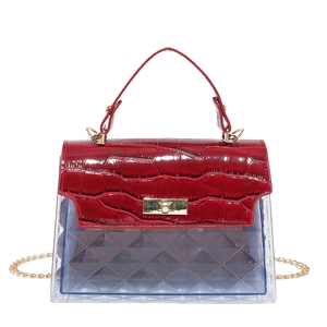 Transparent PVC and red crocodile texture PU leather handbag with gold chain strap
