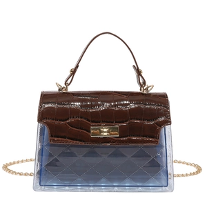 Transparent blue jelly handbag with brown croc-pattern flap and gold chain strap