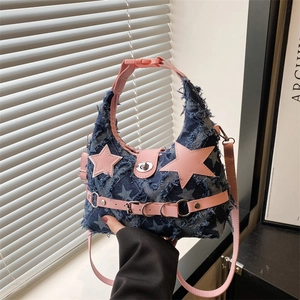 Borsa a Tracolla Y2K Donna in Denim con Stelle Bordo Sfrangiato Patch Stella Rosa Sweet Cool Girl Borsa a Mano Motivo Stella Streetwear
