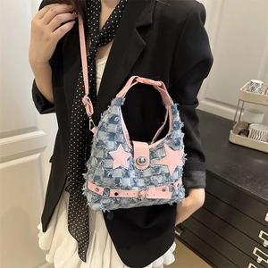 Borsa a spalla Y2K in denim con stelle rosa e frange per donna alla moda