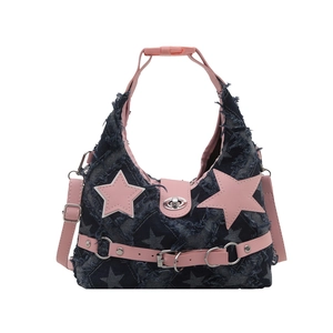 Borsa a spalla in denim con stelle rosa e frange, borsa a mano capiente moda