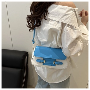 Close-up of blue and white contrast leather bag with gold buckles and fine stitching