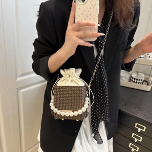 Vintage bucket bag with pearl handle and gold chain strap in a stylish mirror selfie
