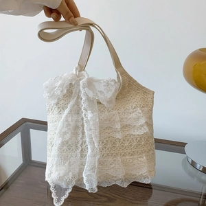 Borsa Tote In Pizzo Da Donna Grande Fiocco Ricamo Floreale Borsa A Spalla Stile Retro Francese Dolce Mori Girl Crema