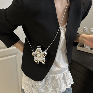 Silver flower crossbody bag with pearl center and metallic chain for women