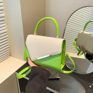 Women Crossbody Bag PU Leather And Woven Patchwork Asymmetric Flap Gold Metal Bar Single Handle Daily Casual Korean Style