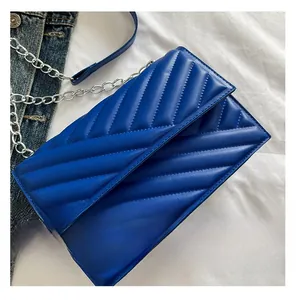 Detail of royal blue quilted handbag featuring V-shaped stitching and silver chain strap