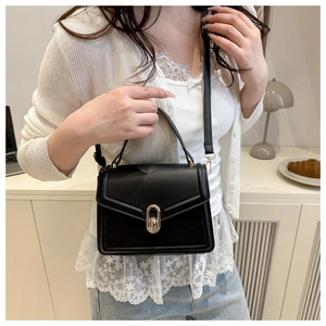 Detail of black matte leather mini square bag with golden oval twist lock and handle