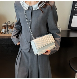 Detail of white quilted crossbody bag with silver chain strap and geometric leather texture