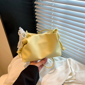 Women Crossbody Cloud Bag PU Leather Pleated Pouch Shoulder Bag With Lace Bow Artificial Pearl Pendant Sweet Streetwear Fashion