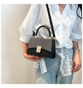 Détail du sac bicolore avec rabat ondulé et fermoir pivotant en métal doré chic