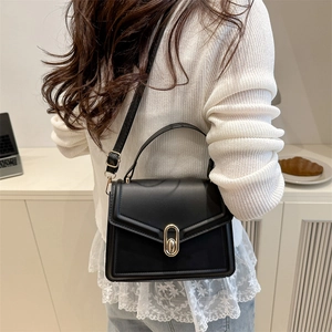 Minimalist black square crossbody handbag with a gold oval twist lock and top handle
