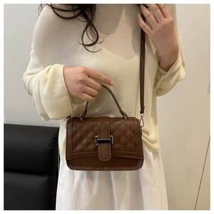 Detail of a brown quilted crossbody bag with silver metallic clasp and top handle