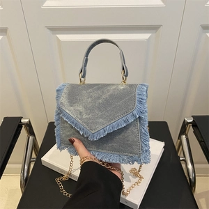 Retro Fringe Crossbody Bag Women Denim PU Leather Handbag With Gold Chain Strap Tassel Flap Casual Shoulder Bag