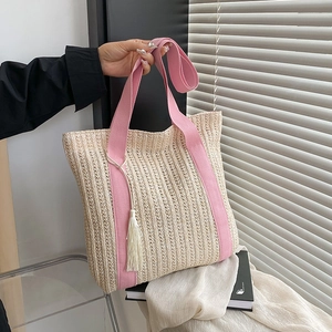 Woven Tote Bag Large Capacity Straw Paper Weave Summer Beach Shoulder Handbag With Tassel Charm Minimalist Casual For Women