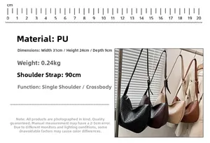 Detail view of woven PU moon bag showing dimensions 31x24x9cm and shoulder strap