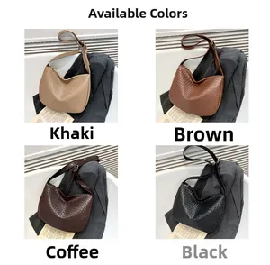 Detailed grid view showing woven texture hobo bags in khaki, brown, coffee, and black