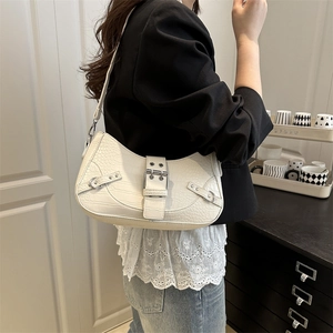 French style white crocodile embossed leather underarm bag with silver buckle and strap