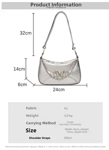Detailed dimension chart for silver PU shoulder bag showing 24x14x6cm size and metal strap