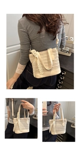 Detail of woven straw bucket bag with delicate lace ribbon and detachable shoulder strap