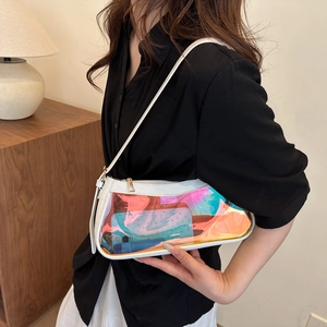 White crescent shoulder bag with iridescent PVC panel and sleek leather strap