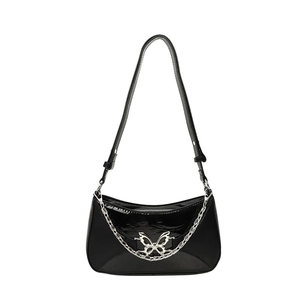 Y2K glossy black hobo bag with silver butterfly metal buckle and chain accent