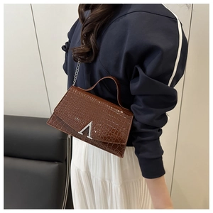Detail of dark brown crocodile pattern handbag with silver V-shaped buckle and chain strap