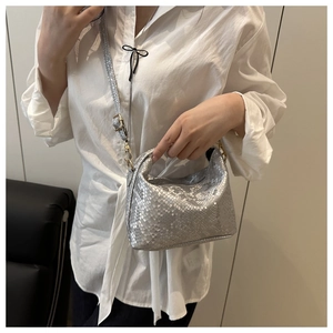Detailed shot of silver snake-pattern handbag featuring gold hardware and strap
