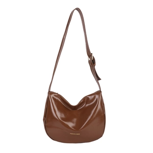 Minimalist dark brown half-moon hobo bag in glossy faux leather with gold lettering