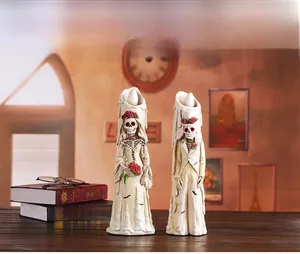 Gothic skull candle LED set with bride and groom skeletons and red roses for Halloween decor