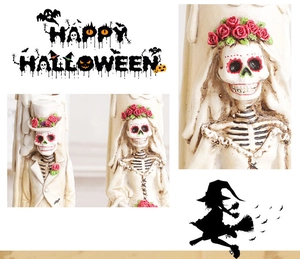 Gothic skull bride and groom figurine with red rose detail for Halloween decor