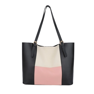 Large color-block tote bag in black, cream, and pink faux leather for daily commuting