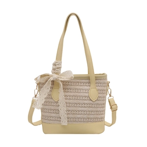 Large capacity woven straw bucket bag with lace bow and leather crossbody strap