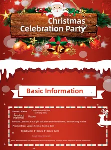 Size chart for 3-piece nested Christmas gift boxes in small, medium, and large dimensions