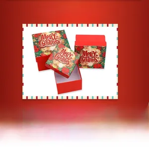 Detail of red Christmas gift box with floral poinsettia pattern and Merry Christmas text