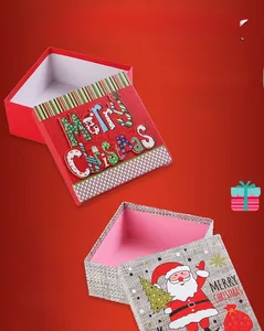 Detail view of festive red and gray square Christmas gift boxes with holiday illustrations