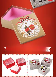 Detailed view of various square Christmas gift boxes with festive patterns and lids