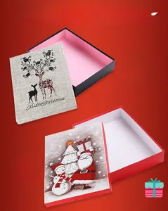 Detailed view of Christmas gift boxes featuring reindeer and Santa Claus illustrations