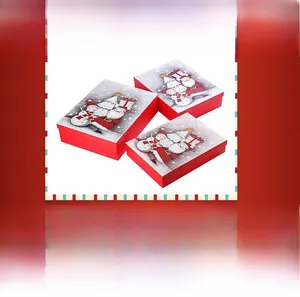 Three-piece nesting Christmas gift boxes with Santa and snowman festive illustrations