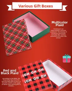 Detailed view of Christmas gift boxes with red buffalo plaid and Ho Ho Ho text design