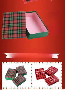 Detail of red and green buffalo plaid Christmas gift boxes with HO HO HO text