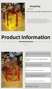 Macro view of three lighted iron gift boxes with gold glitter finish and red bows