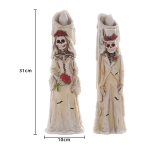 LED skull groom and bride candle lights for Halloween decor with rose details, 31cm height
