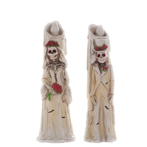 Halloween skull candle set featuring groom and bride with red roses and LED flames