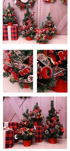 Detail of mini Christmas tree with red plaid ribbon, pine cones and berries on desk