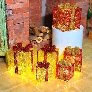 Three-piece glowing Christmas iron gift box set with LED lights and glitter bows