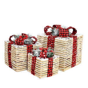 Three-piece set of white Christmas gift boxes with red plaid bows and pine cone decor