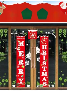 Three-piece red Christmas door banner set featuring Santa, snowman, and reindeer motifs