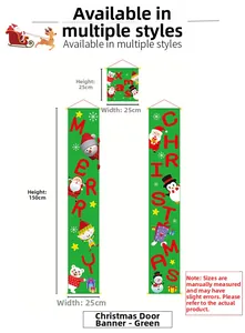 Detailed size chart for green Merry Christmas banner set with Santa and snowman motifs